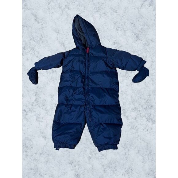 Baby Gap Down Snowsuit Puffer Blue Fleece Lined With Mittens